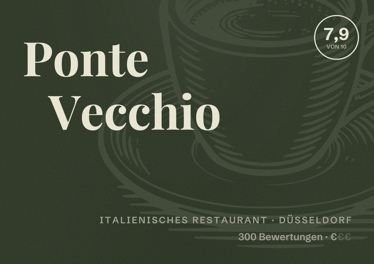Illustriertes Poster von Ponte Vecchio, Italienisches Restaurant in Düsseldorf: Bewertung 7,9 von 10 aus 300 Bewertungen, Preisniveau €