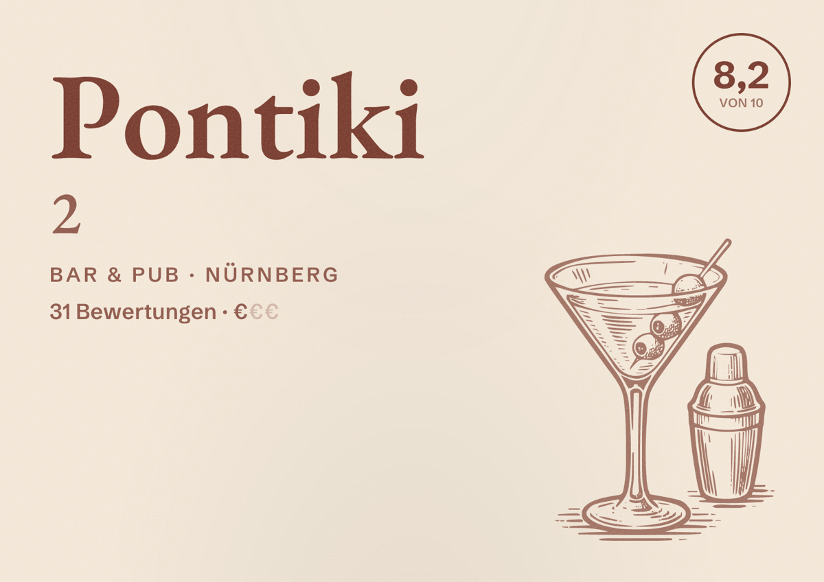 Illustriertes Poster von Pontiki 2, Bar & Pub in Nürnberg: Bewertung 8,2 von 10 aus 31 Bewertungen, Preisniveau €