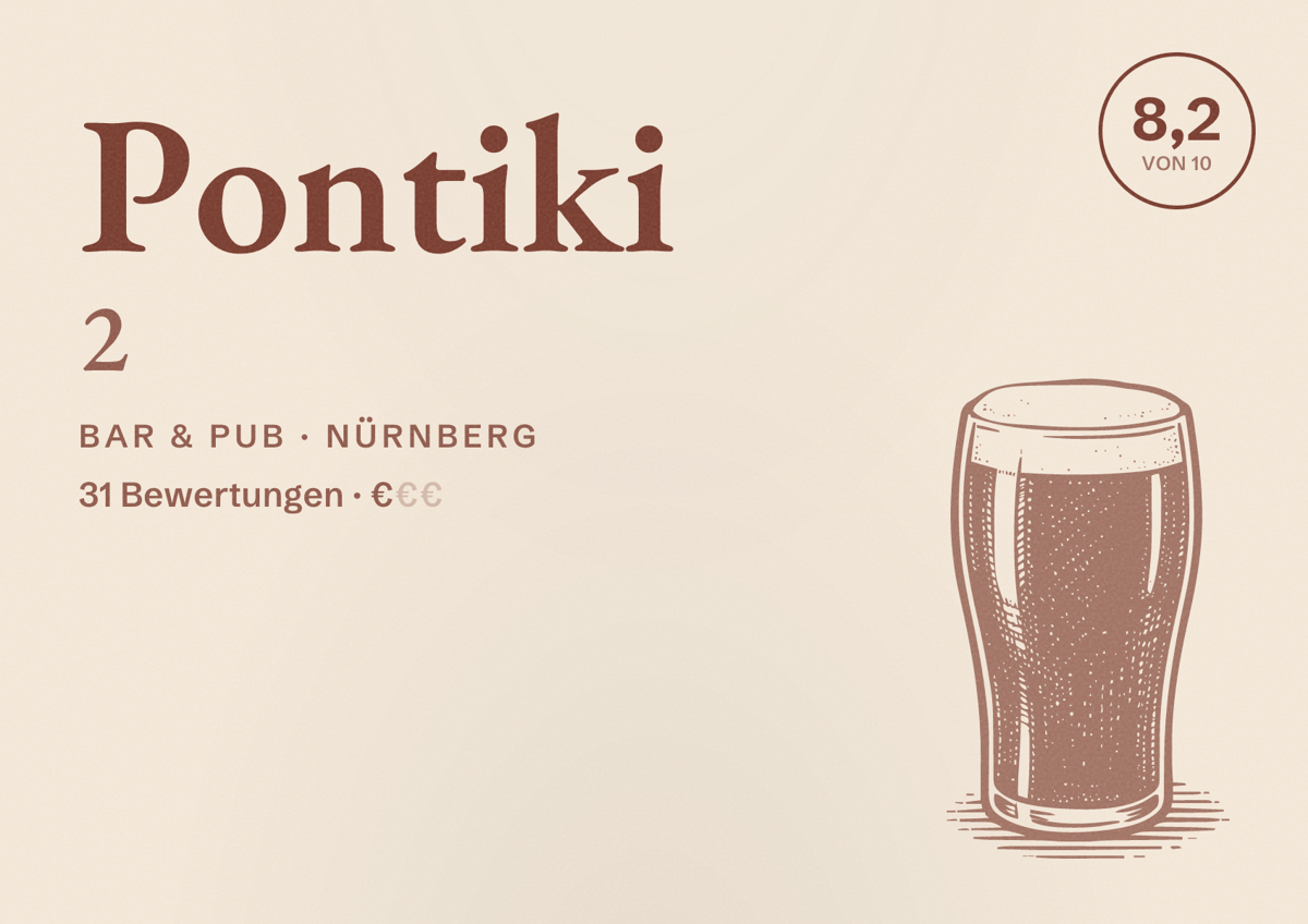 Illustriertes Poster von Pontiki 2, Bar & Pub in Nürnberg: Bewertung 8,2 von 10 aus 31 Bewertungen, Preisniveau €