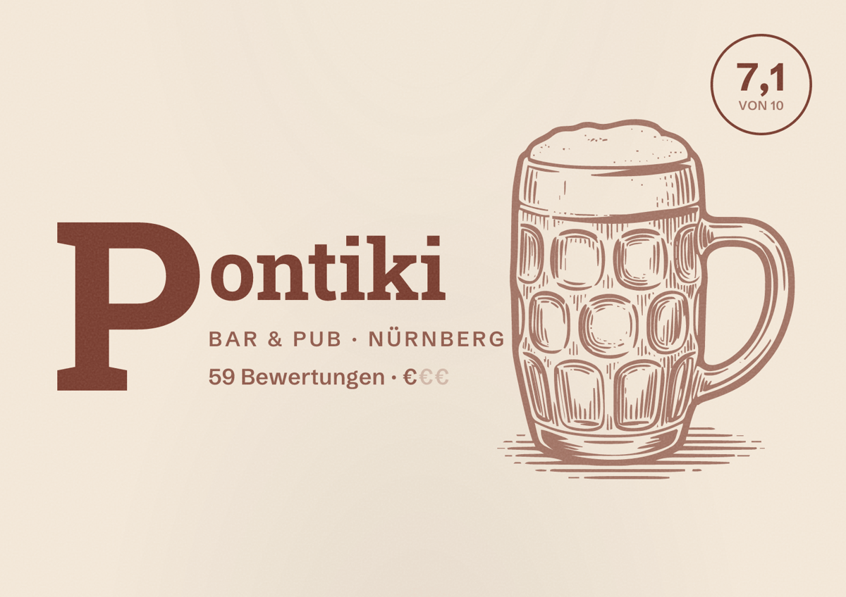 Illustriertes Poster von Pontiki, Bar & Pub in Nürnberg: Bewertung 7,1 von 10 aus 59 Bewertungen, Preisniveau €