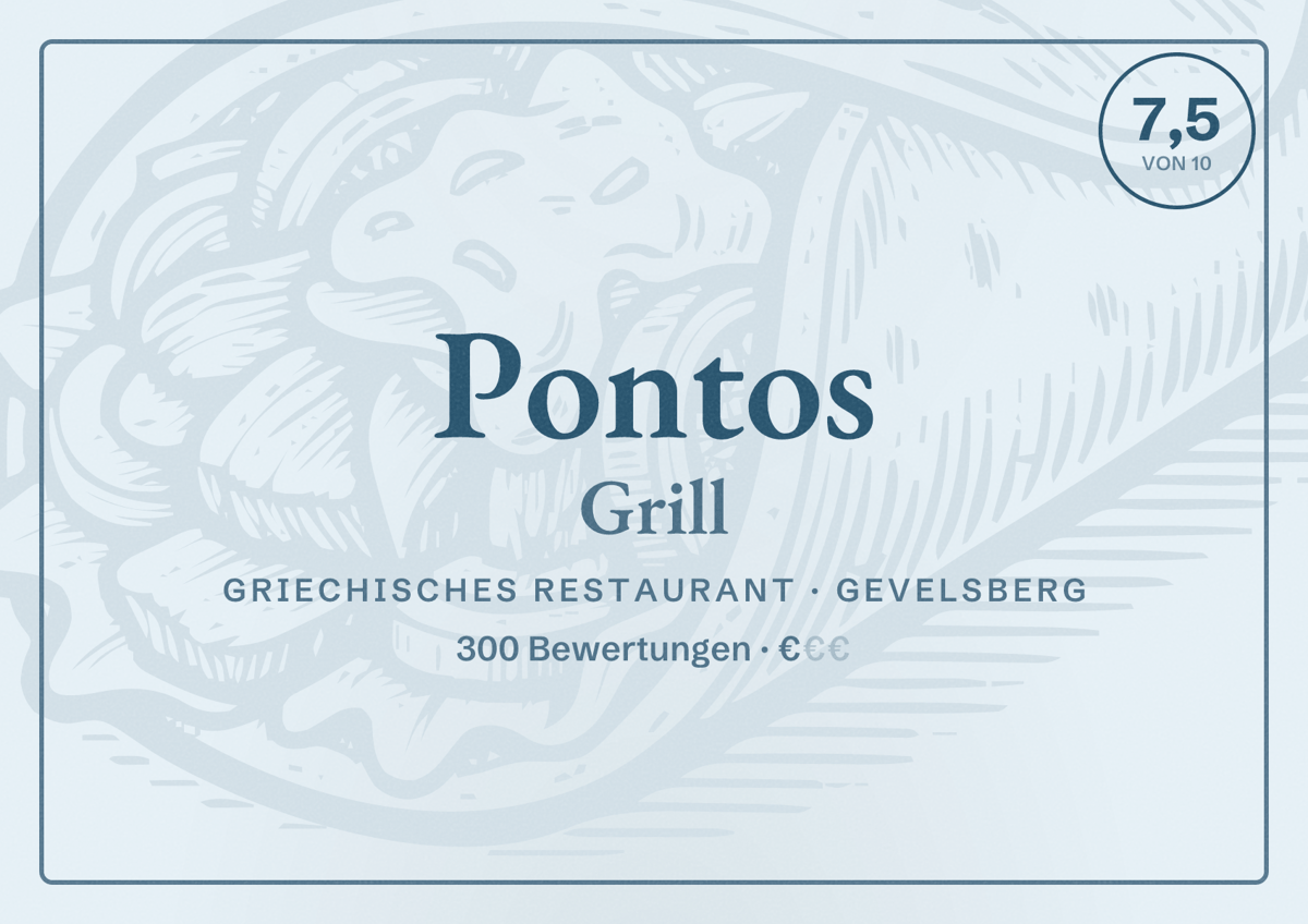 Illustriertes Poster von Pontos Grill, Griechisches Restaurant in Gevelsberg: Bewertung 7,5 von 10 aus 300 Bewertungen, Preisniveau €