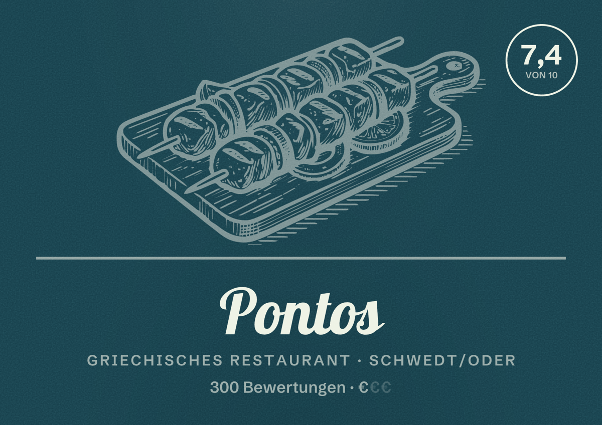 Illustriertes Poster von Pontos, Griechisches Restaurant in Schwedt/Oder: Bewertung 7,4 von 10 aus 300 Bewertungen, Preisniveau €