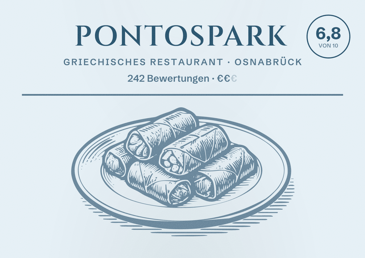 Illustriertes Poster von PontosPark, Griechisches Restaurant in Osnabrück: Bewertung 6,8 von 10 aus 242 Bewertungen, Preisniveau €€