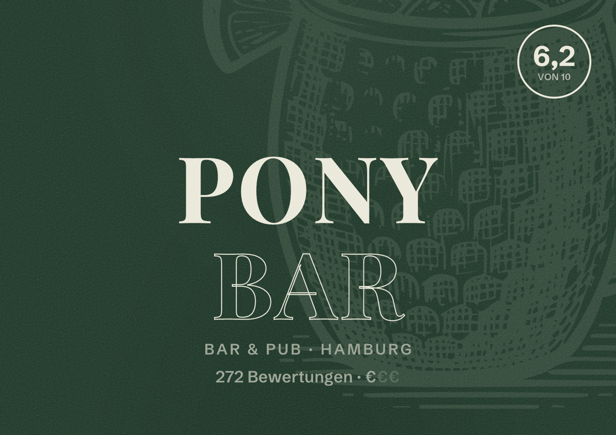 Illustriertes Poster von Pony Bar, Bar & Pub in Hamburg: Bewertung 6,2 von 10 aus 272 Bewertungen, Preisniveau €