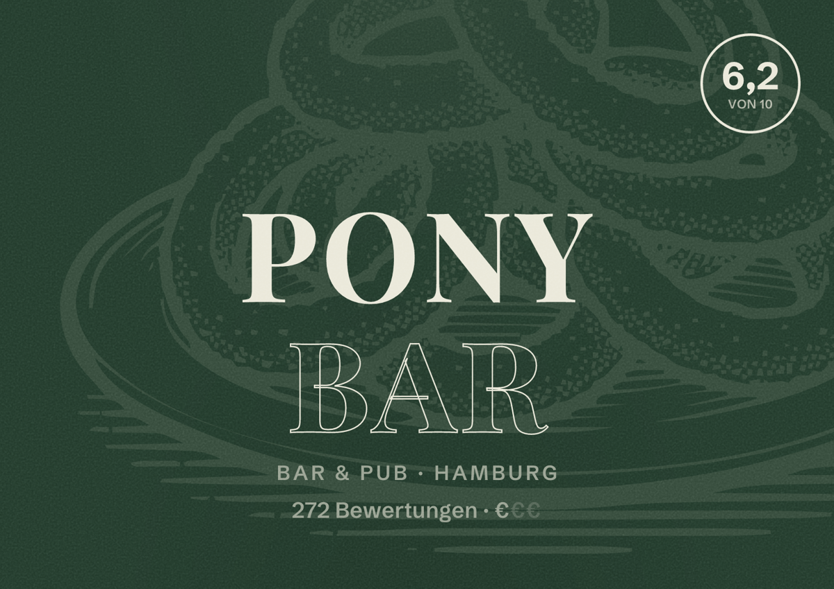 Illustriertes Poster von Pony Bar, Bar & Pub in Hamburg: Bewertung 6,2 von 10 aus 272 Bewertungen, Preisniveau €