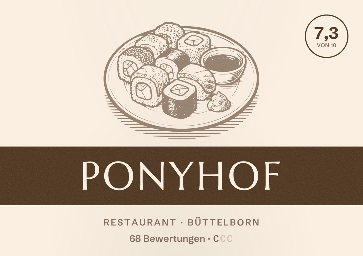 Illustriertes Poster von Ponyhof, Restaurant in Büttelborn: Bewertung 7,3 von 10 aus 68 Bewertungen, Preisniveau €