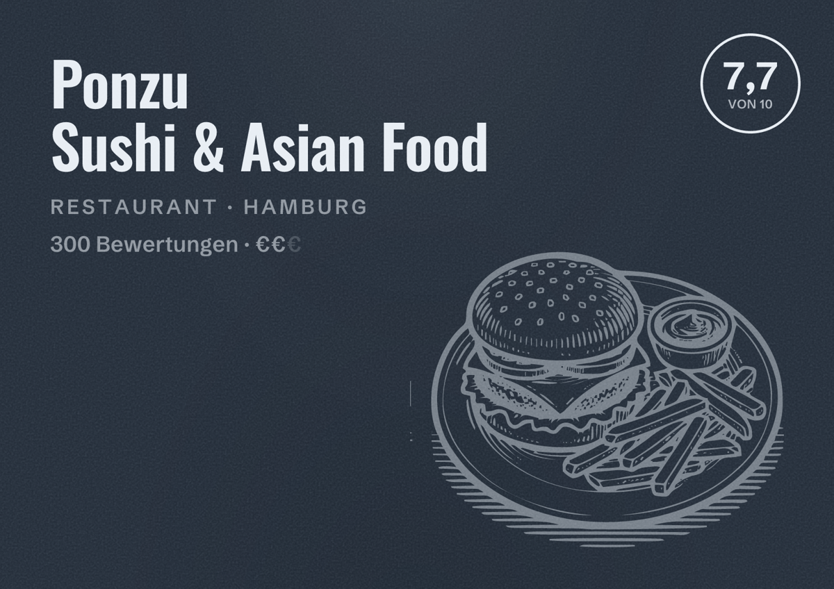 Illustriertes Poster von Ponzu Sushi & Asian Food, Restaurant in Hamburg: Bewertung 7,7 von 10 aus 300 Bewertungen, Preisniveau €€
