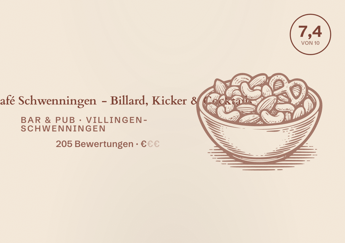 Illustriertes Poster von Pool Café Schwenningen - Billard, Kicker & Cocktails, Bar & Pub in Villingen-Schwenningen: Bewertung 7,4 von 10 aus 205 Bewertungen, Preisniveau €