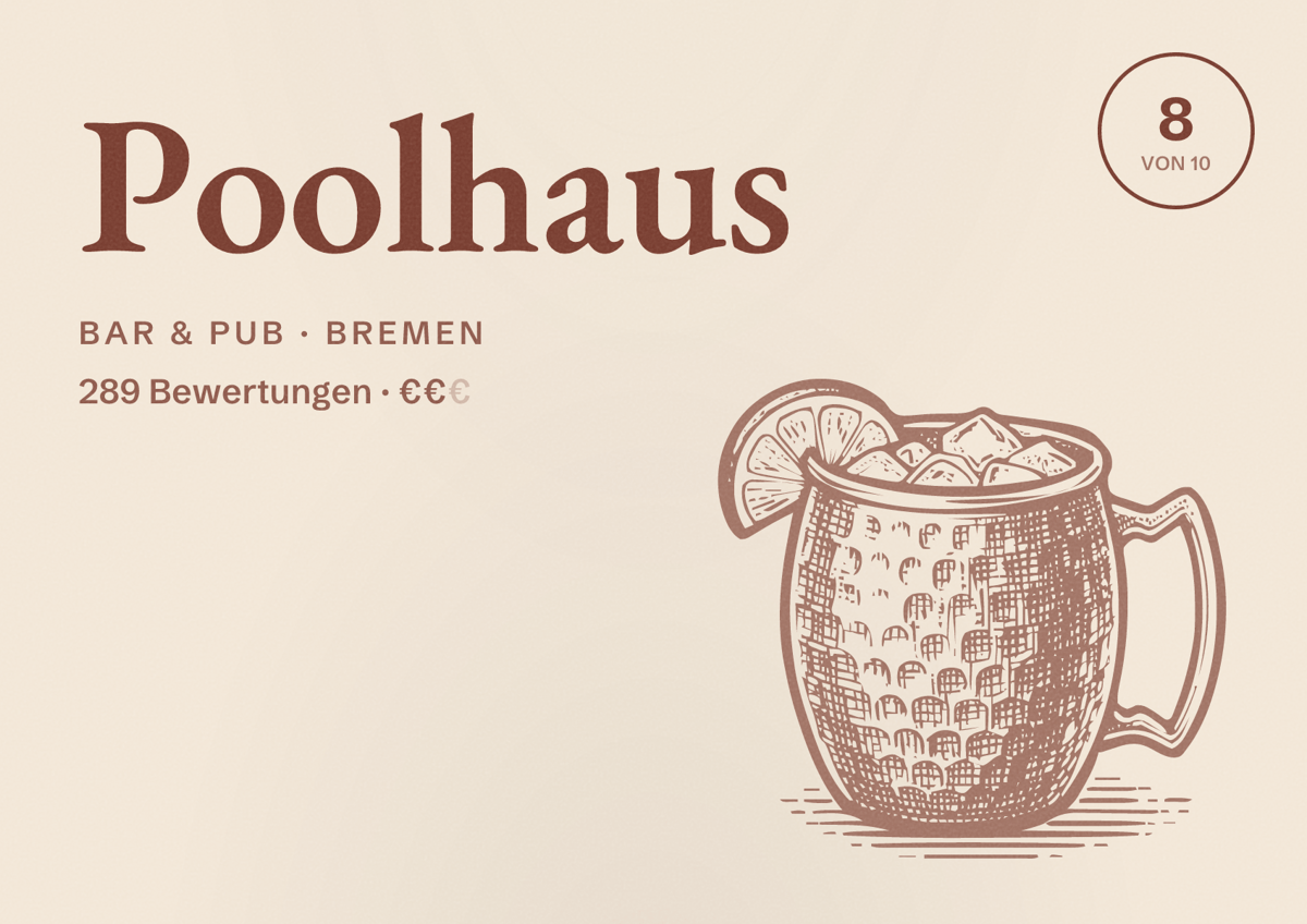 Illustriertes Poster von Poolhaus, Bar & Pub in Bremen: Bewertung 8 von 10 aus 289 Bewertungen, Preisniveau €€
