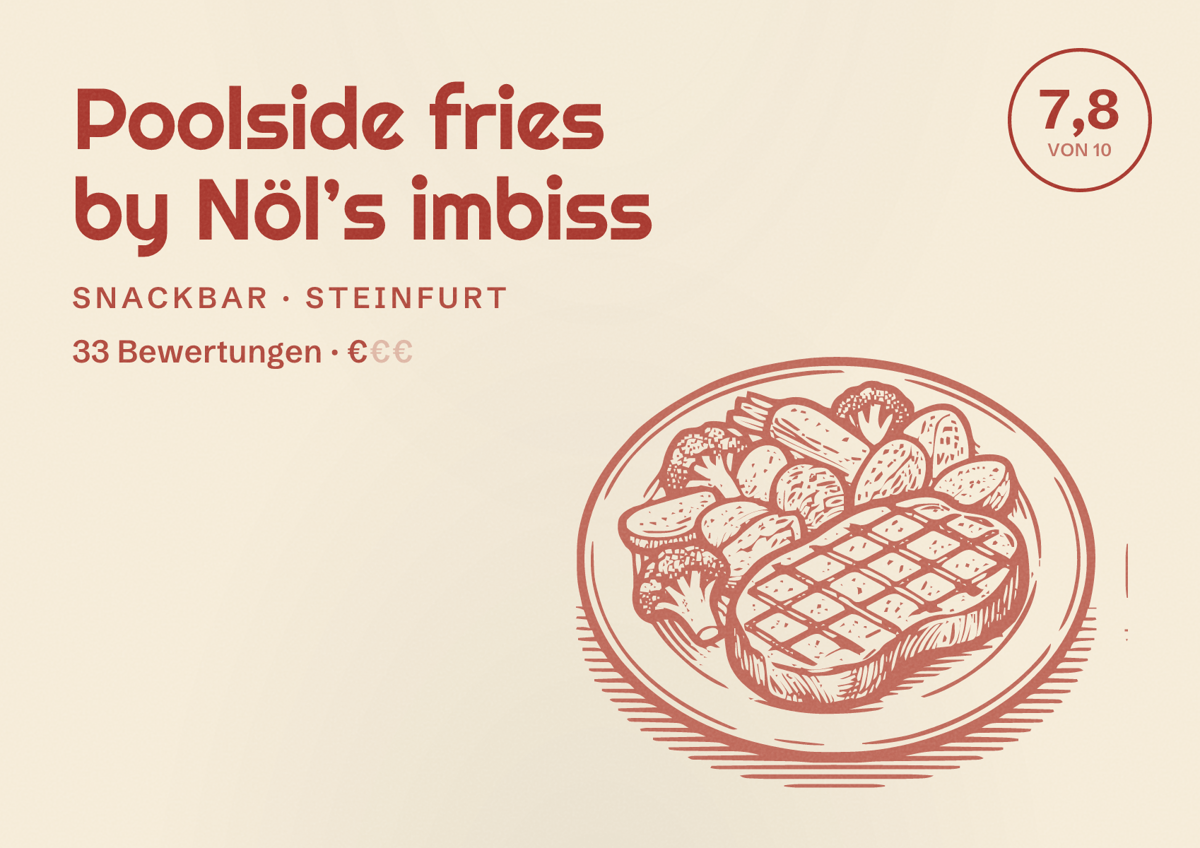 Illustriertes Poster von Poolside fries by Nöl’s imbiss, Snackbar in Steinfurt: Bewertung 7,8 von 10 aus 33 Bewertungen, Preisniveau €