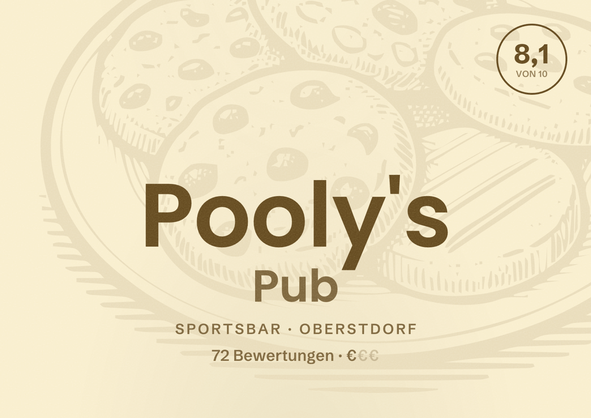 Illustriertes Poster von Pooly's Pub, Sportsbar in Oberstdorf: Bewertung 8,1 von 10 aus 72 Bewertungen, Preisniveau €