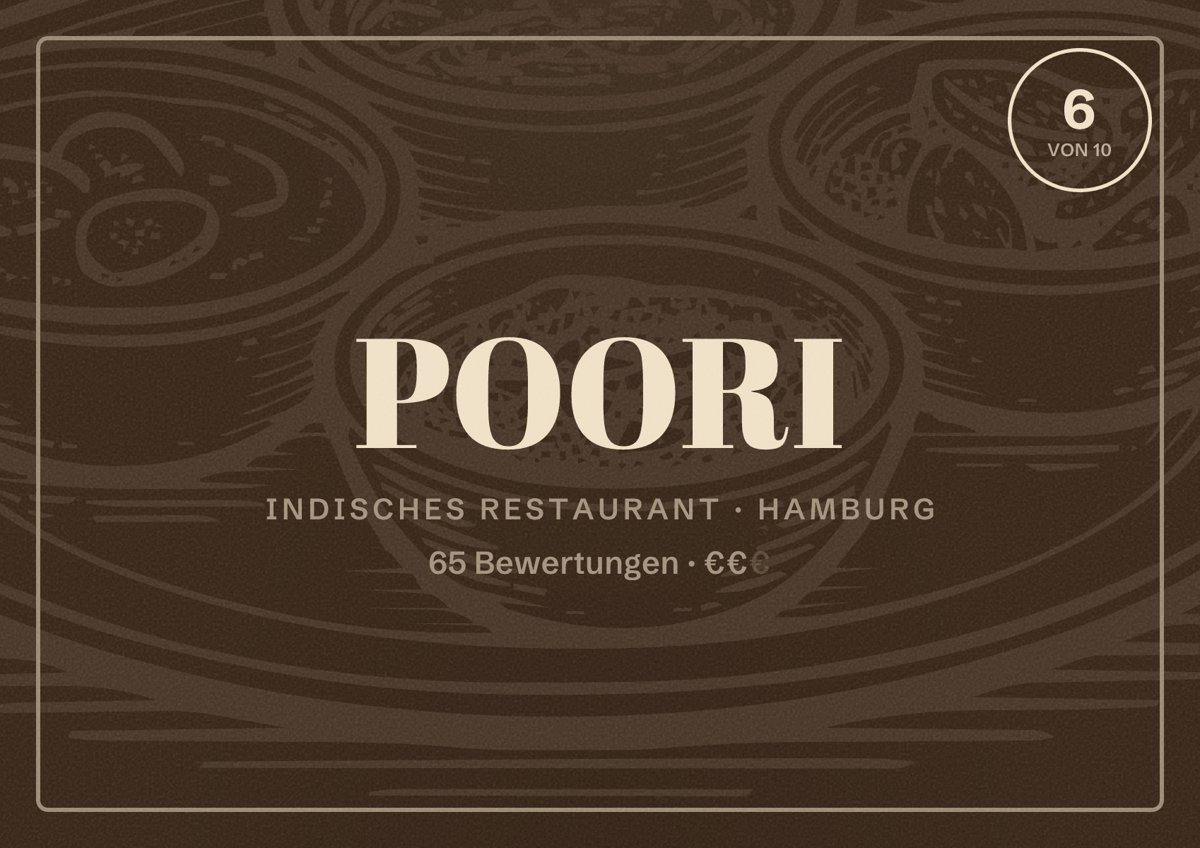 Illustriertes Poster von POORI, Indisches Restaurant in Hamburg: Bewertung 6,0 von 10 aus 65 Bewertungen, Preisniveau €€