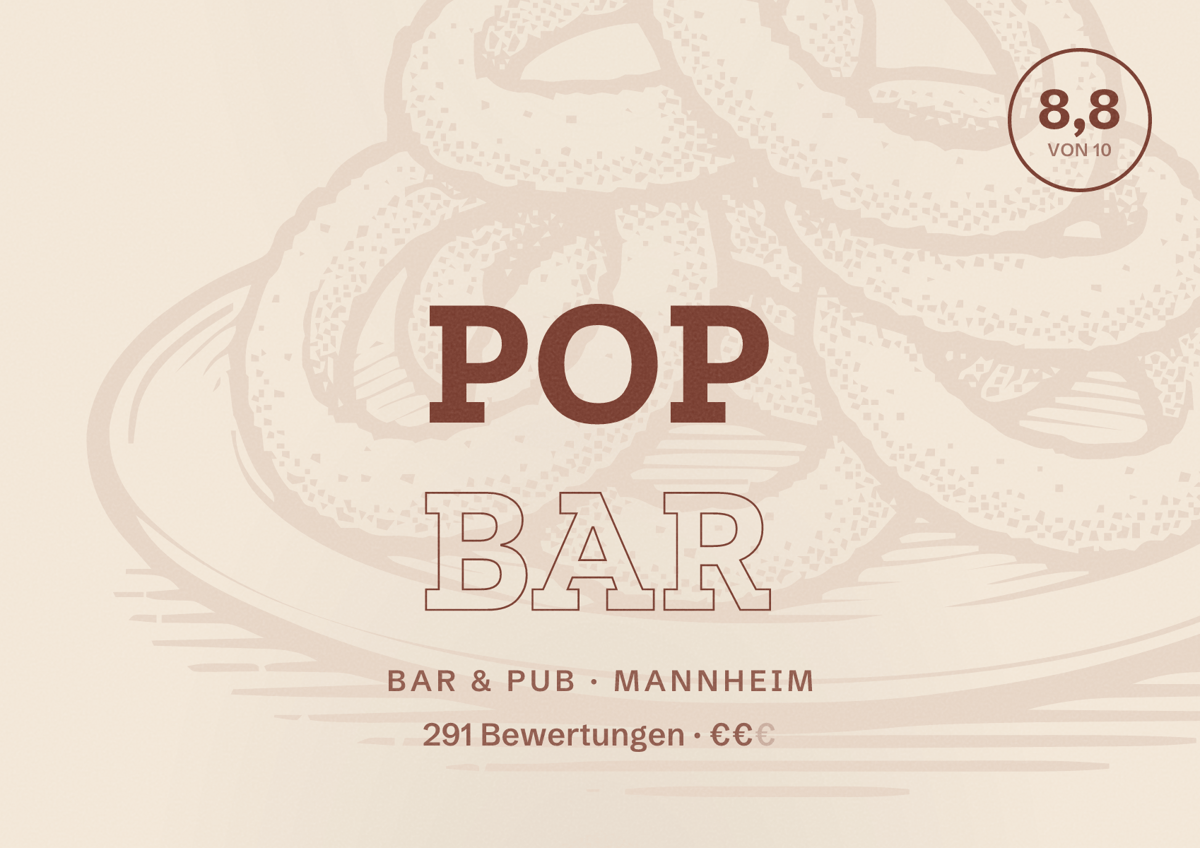 Illustriertes Poster von POP Bar, Bar & Pub in Mannheim: Bewertung 8,8 von 10 aus 291 Bewertungen, Preisniveau €€