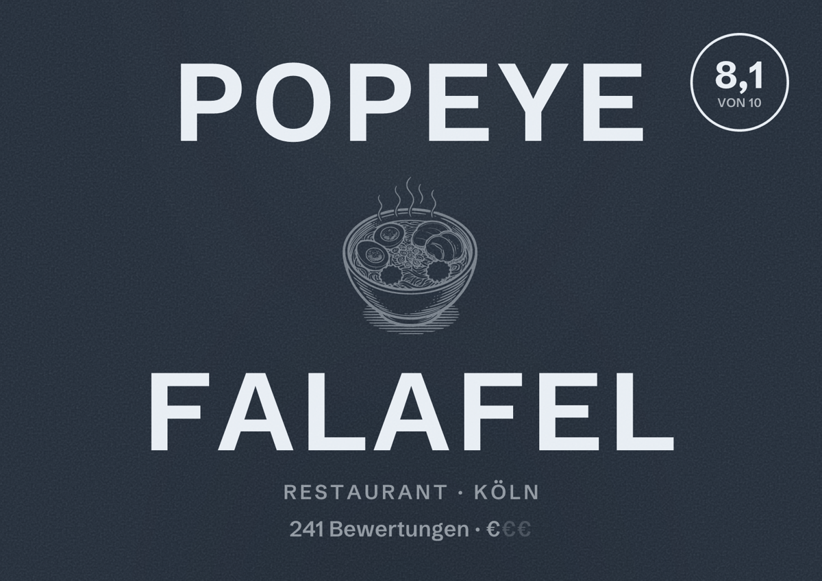 Illustriertes Poster von Popeye Falafel, Restaurant in Köln: Bewertung 8,1 von 10 aus 241 Bewertungen, Preisniveau €
