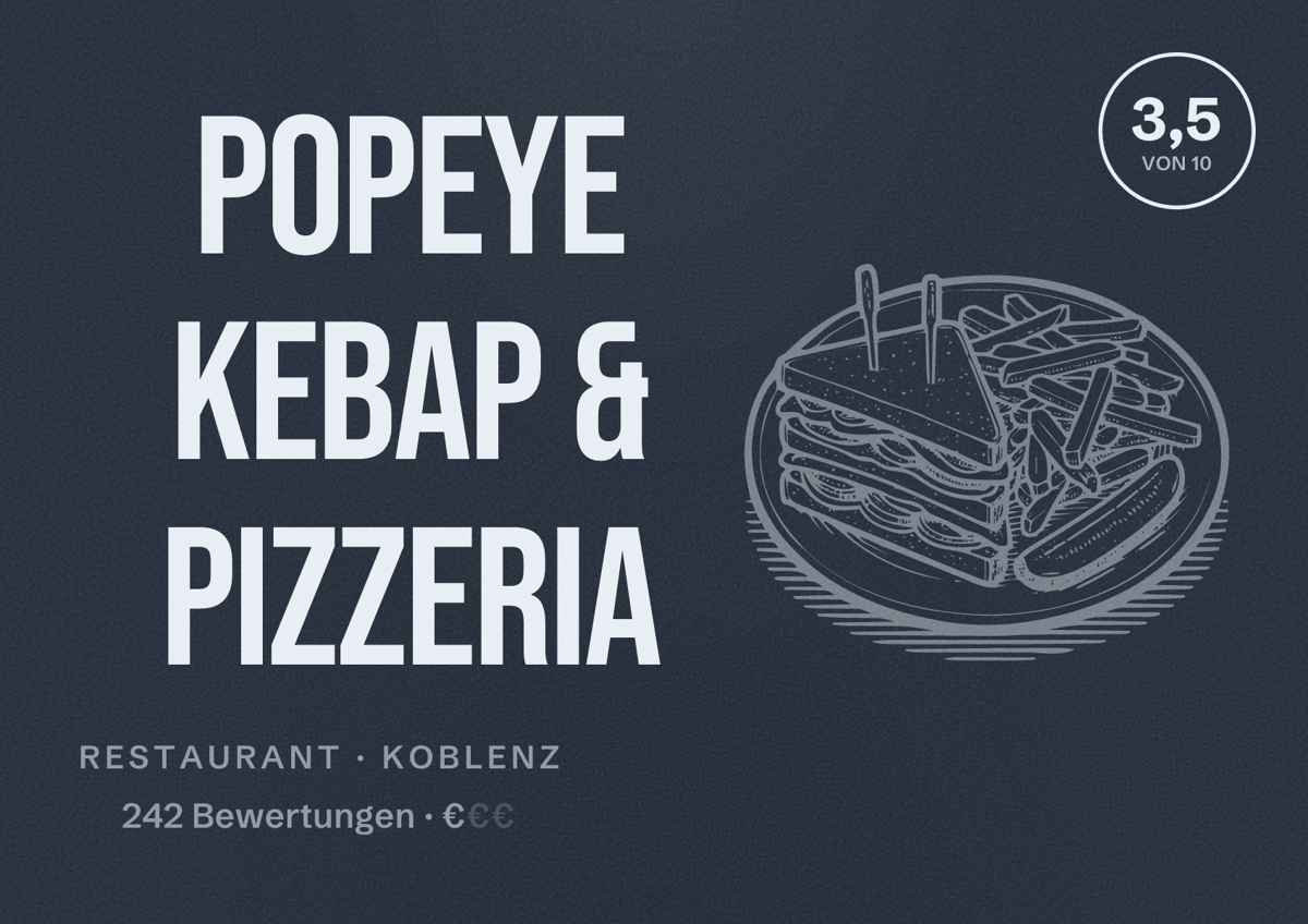 Illustriertes Poster von Popeye Kebap & Pizzeria, Restaurant in Koblenz: Bewertung 3,5 von 10 aus 242 Bewertungen, Preisniveau €