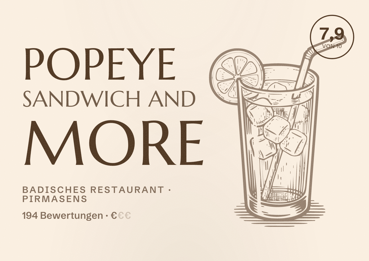 Illustriertes Poster von Popeye Sandwich and More, Badisches Restaurant in Pirmasens: Bewertung 7,9 von 10 aus 194 Bewertungen, Preisniveau €
