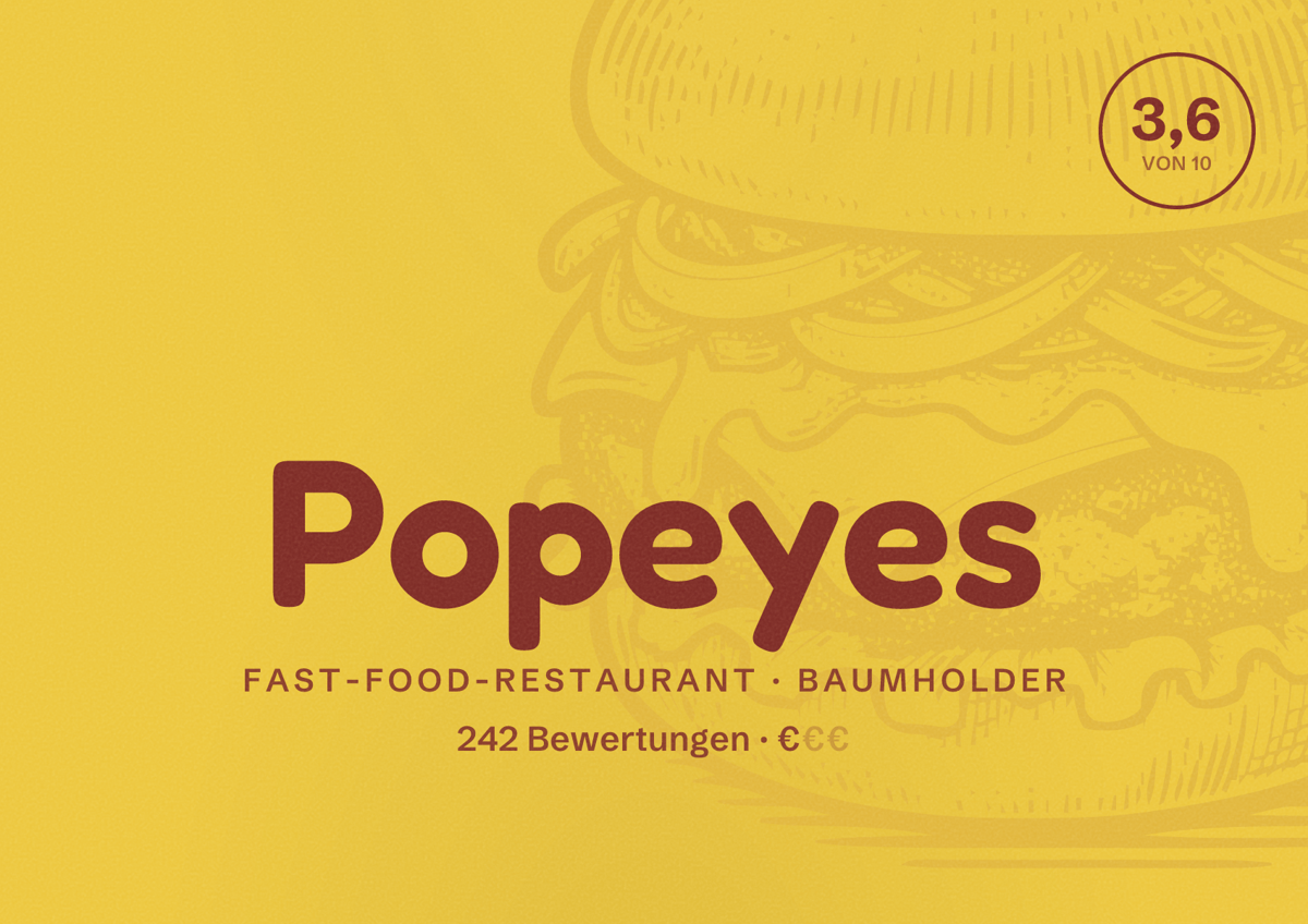 Illustriertes Poster von Popeyes, Fast-Food-Restaurant in Baumholder: Bewertung 3,6 von 10 aus 242 Bewertungen, Preisniveau €