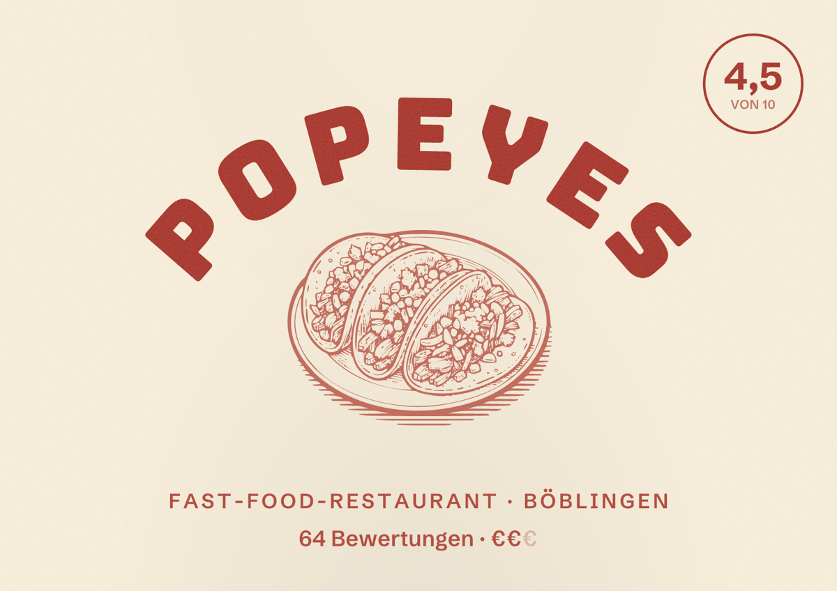 Illustriertes Poster von Popeyes, Fast-Food-Restaurant in Böblingen: Bewertung 4,5 von 10 aus 64 Bewertungen, Preisniveau €€