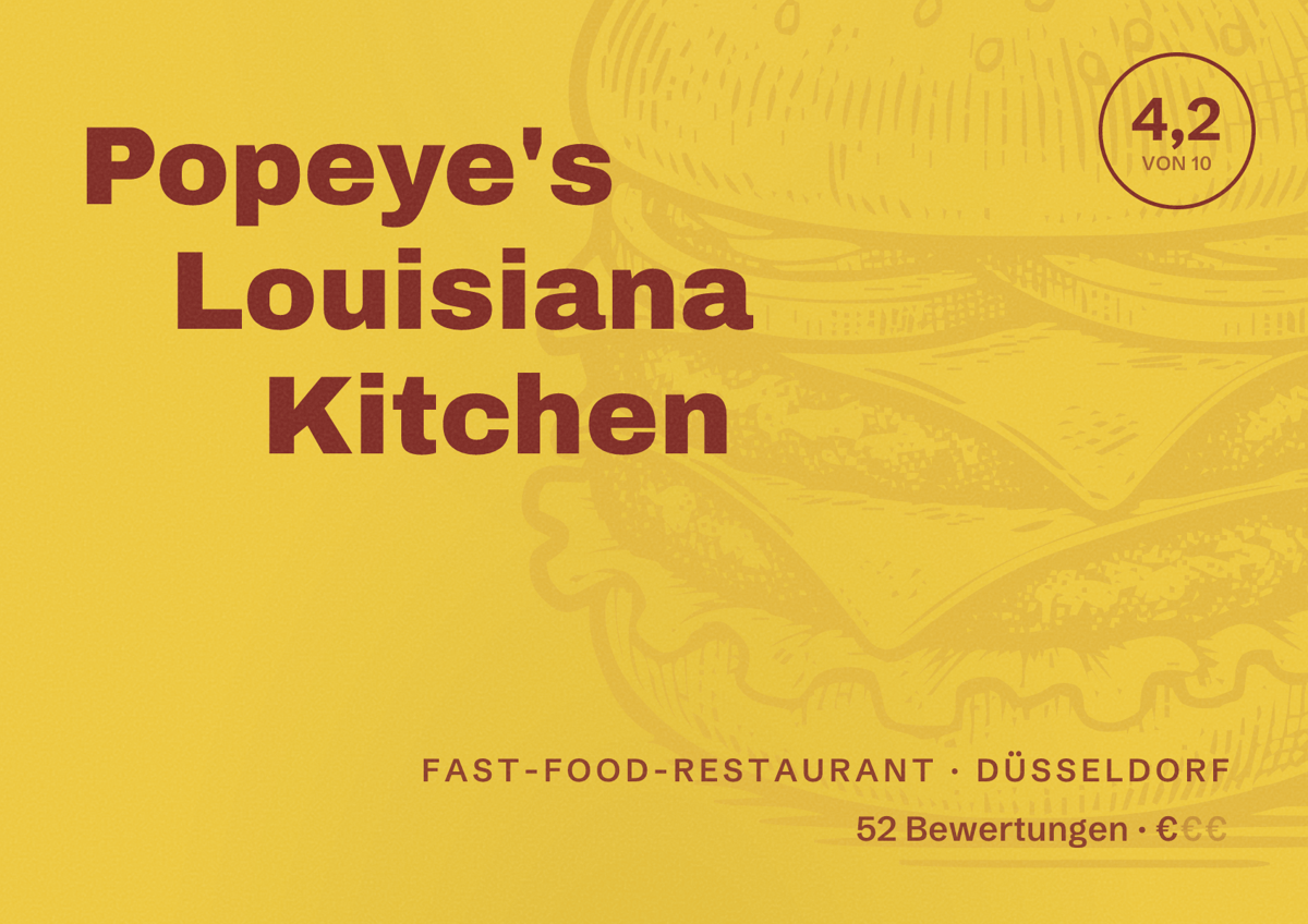 Illustriertes Poster von Popeye's Louisiana Kitchen, Fast-Food-Restaurant in Düsseldorf: Bewertung 4,2 von 10 aus 52 Bewertungen, Preisniveau €