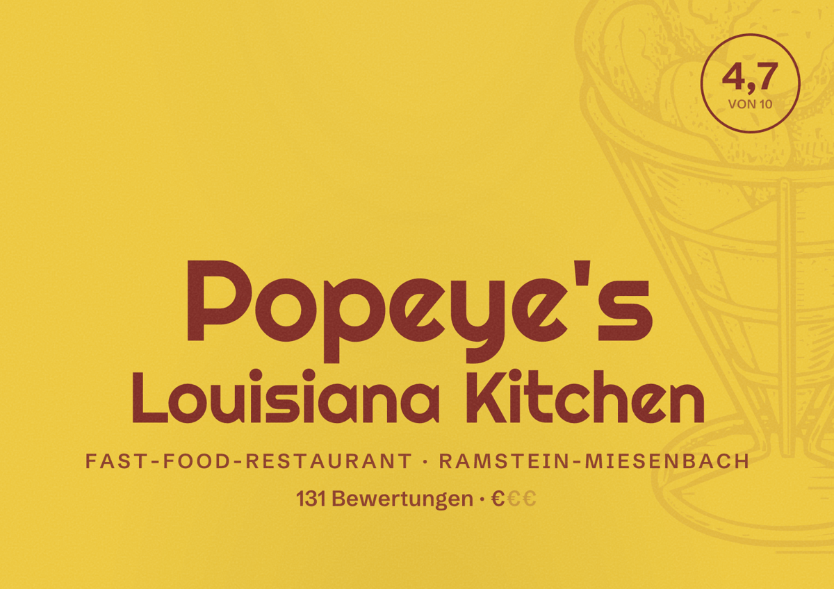 Illustriertes Poster von Popeye's Louisiana Kitchen, Fast-Food-Restaurant in Ramstein-Miesenbach: Bewertung 4,7 von 10 aus 131 Bewertungen, Preisniveau €