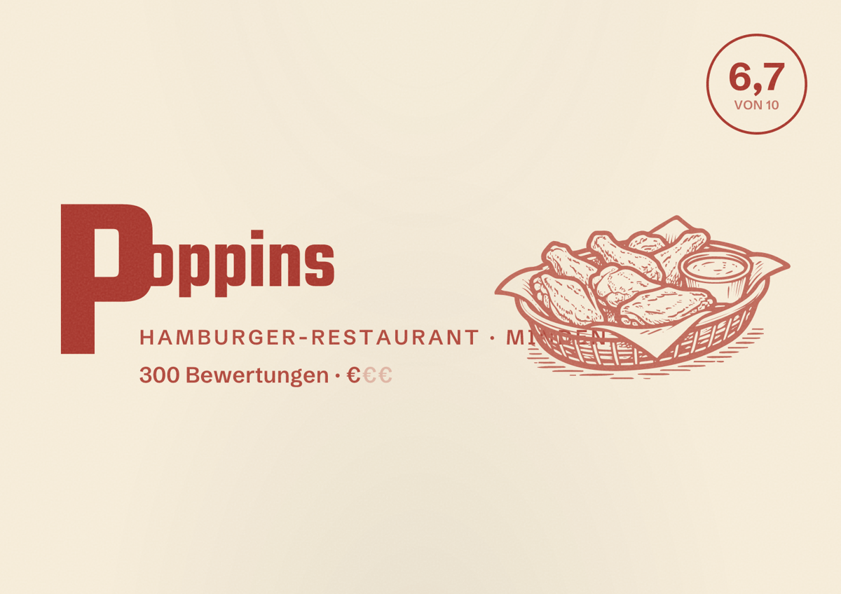 Illustriertes Poster von Poppins, Hamburger-Restaurant in Minden: Bewertung 6,7 von 10 aus 300 Bewertungen, Preisniveau €