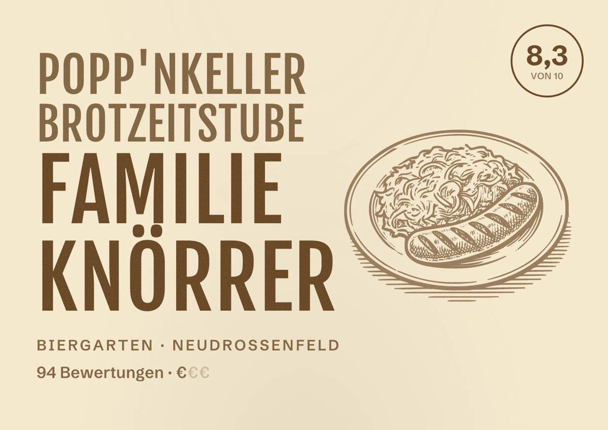 Illustriertes Poster von Popp'nkeller Brotzeitstube Familie Knörrer, Biergarten in Neudrossenfeld: Bewertung 8,3 von 10 aus 94 Bewertungen, Preisniveau €