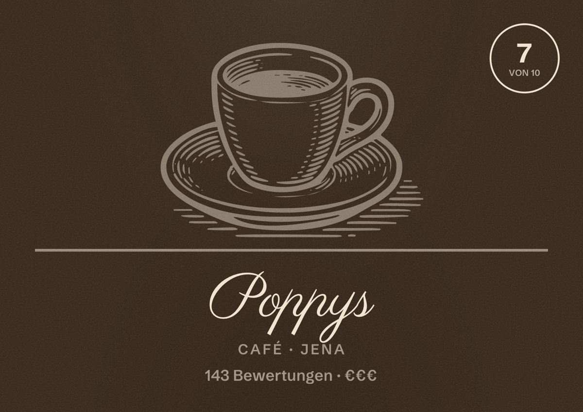 Illustriertes Poster von Poppys, Café in Jena: Bewertung 7 von 10 aus 143 Bewertungen, Preisniveau €€€