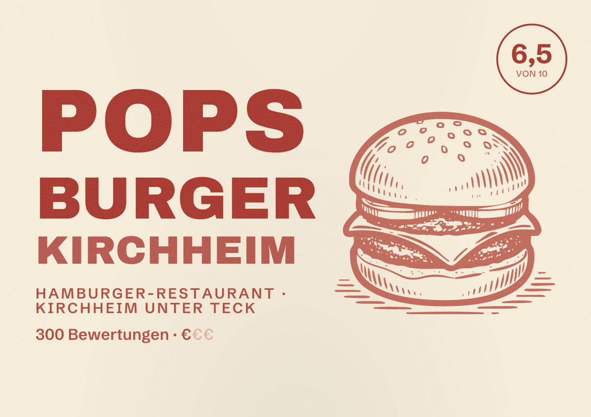 Illustriertes Poster von Pops Burger Kirchheim, Hamburger-Restaurant in Kirchheim unter Teck: Bewertung 6,5 von 10 aus 300 Bewertungen, Preisniveau €