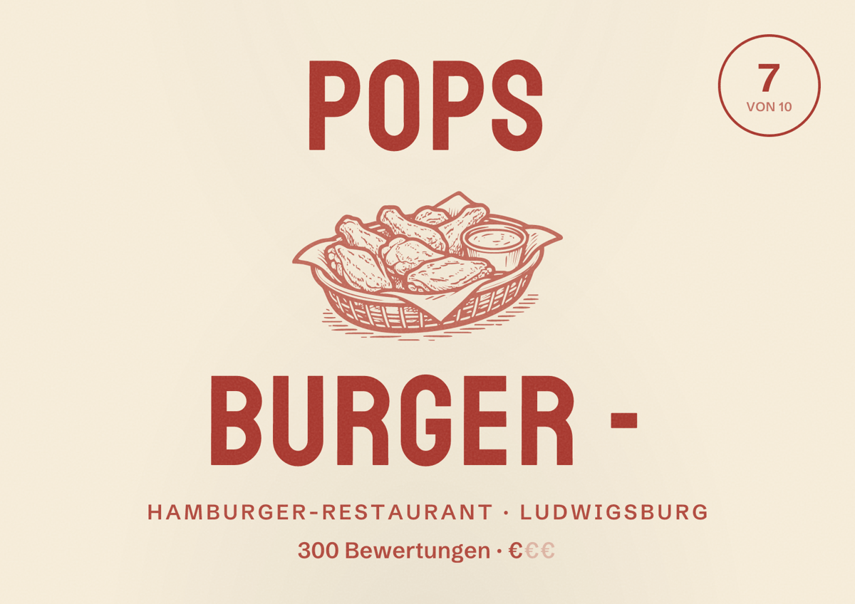 Illustriertes Poster von Pops Burger -, Hamburger-Restaurant in Ludwigsburg: Bewertung 7 von 10 aus 300 Bewertungen, Preisniveau €