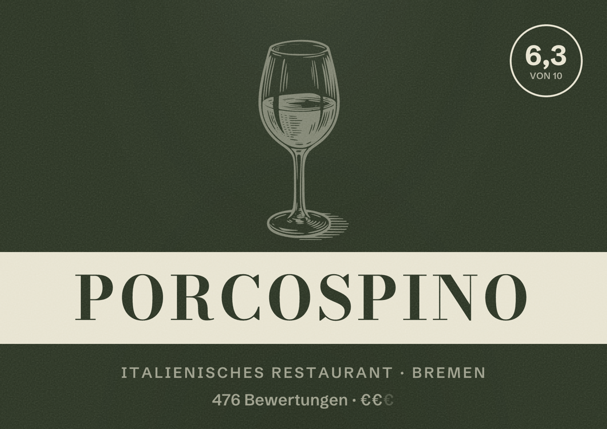 Illustriertes Poster von Porcospino, Italienisches Restaurant in Bremen: Bewertung 6,3 von 10 aus 476 Bewertungen, Preisniveau €€