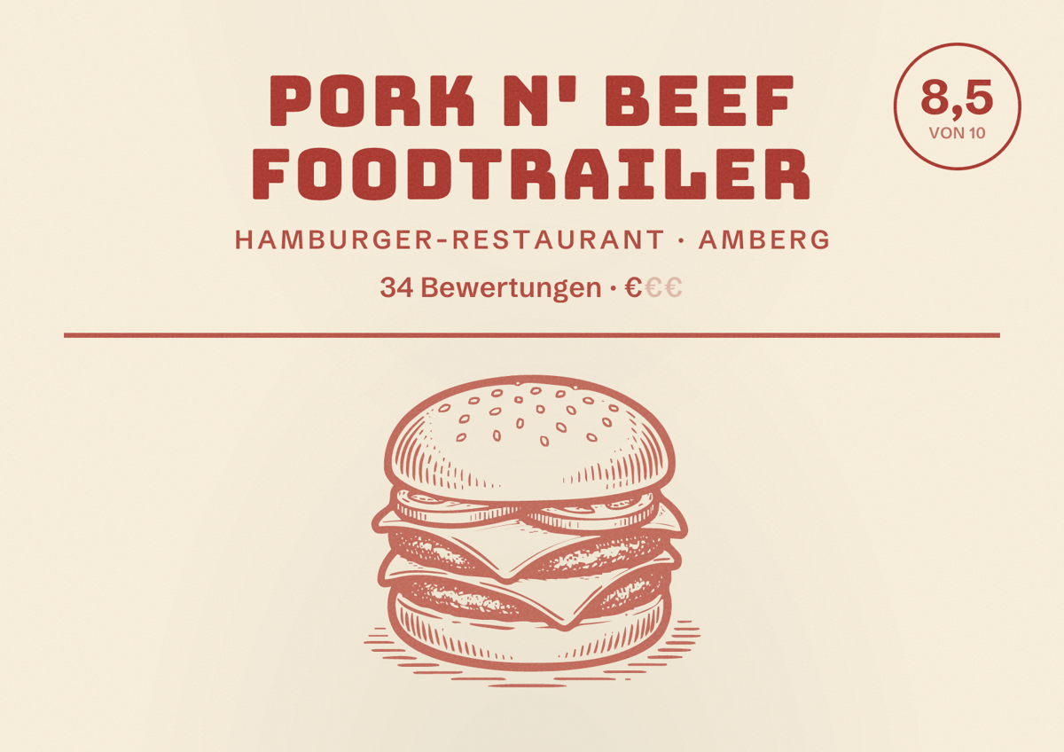 Illustriertes Poster von Pork n' Beef Foodtrailer, Hamburger-Restaurant in Amberg: Bewertung 8,5 von 10 aus 34 Bewertungen, Preisniveau €