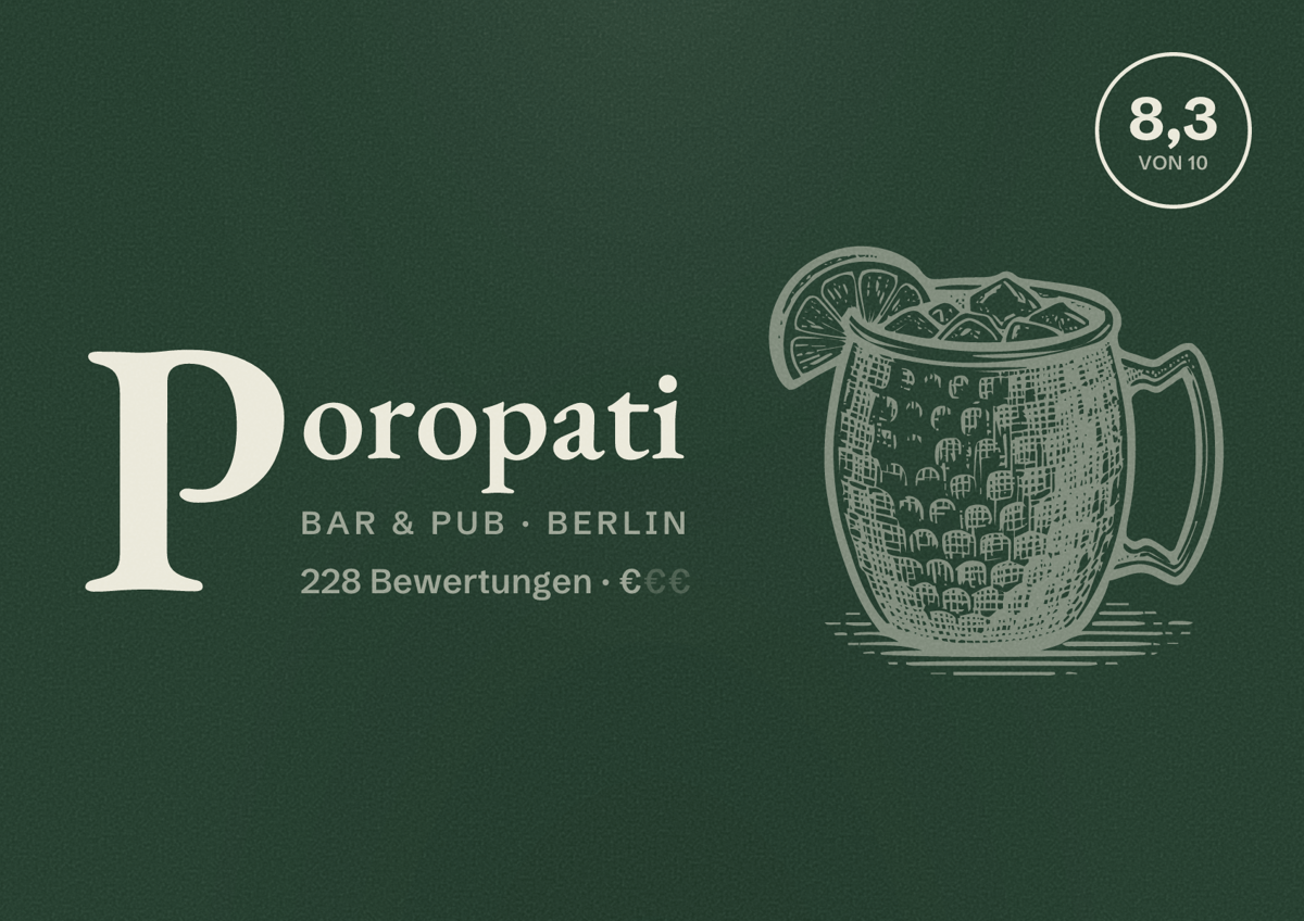 Illustriertes Poster von Poropati, Bar & Pub in Berlin: Bewertung 8,3 von 10 aus 228 Bewertungen, Preisniveau €