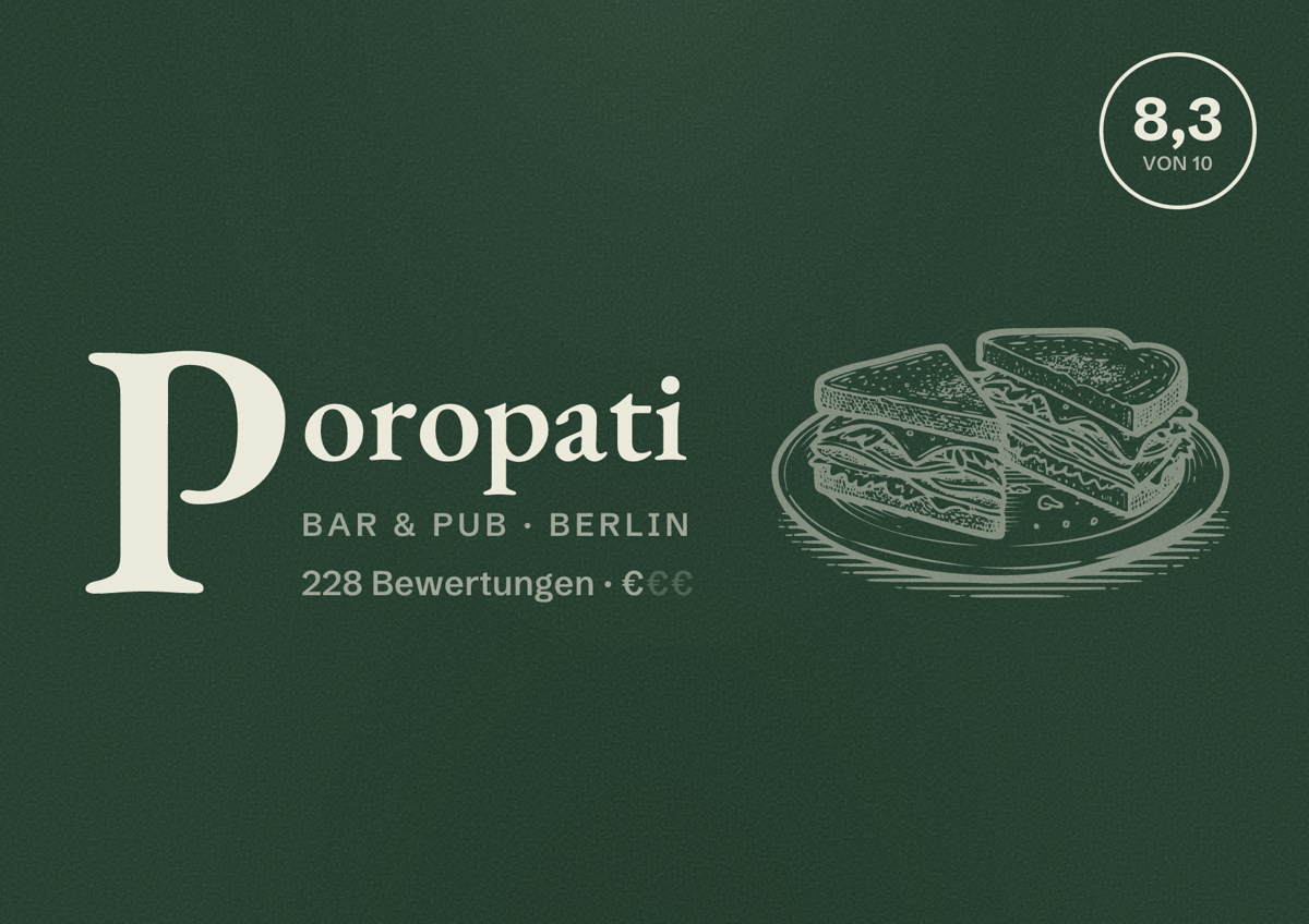 Illustriertes Poster von Poropati, Bar & Pub in Berlin: Bewertung 8,3 von 10 aus 228 Bewertungen, Preisniveau €