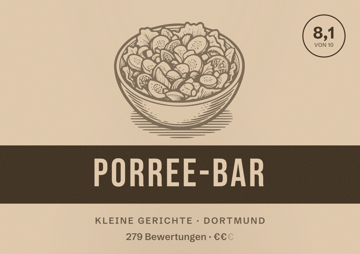 Illustriertes Poster von Porree-Bar, Kleine Gerichte in Dortmund: Bewertung 8,1 von 10 aus 279 Bewertungen, Preisniveau €€