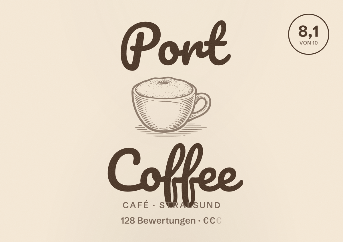 Illustriertes Poster von Port Coffee, Café in Stralsund: Bewertung 8,1 von 10 aus 128 Bewertungen, Preisniveau €€