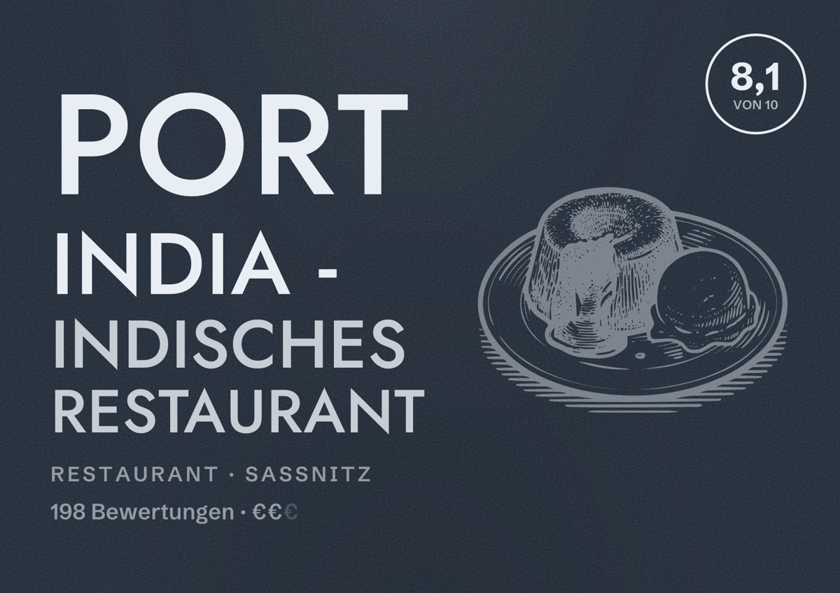 Illustriertes Poster von Port India - Indisches Restaurant, Restaurant in Sassnitz: Bewertung 8,1 von 10 aus 198 Bewertungen, Preisniveau €€