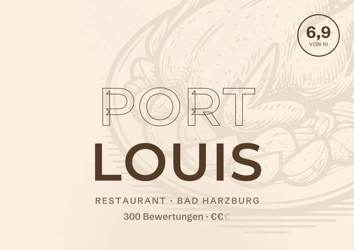 Illustriertes Poster von Port Louis, Restaurant in Bad Harzburg: Bewertung 6,9 von 10 aus 300 Bewertungen, Preisniveau €€