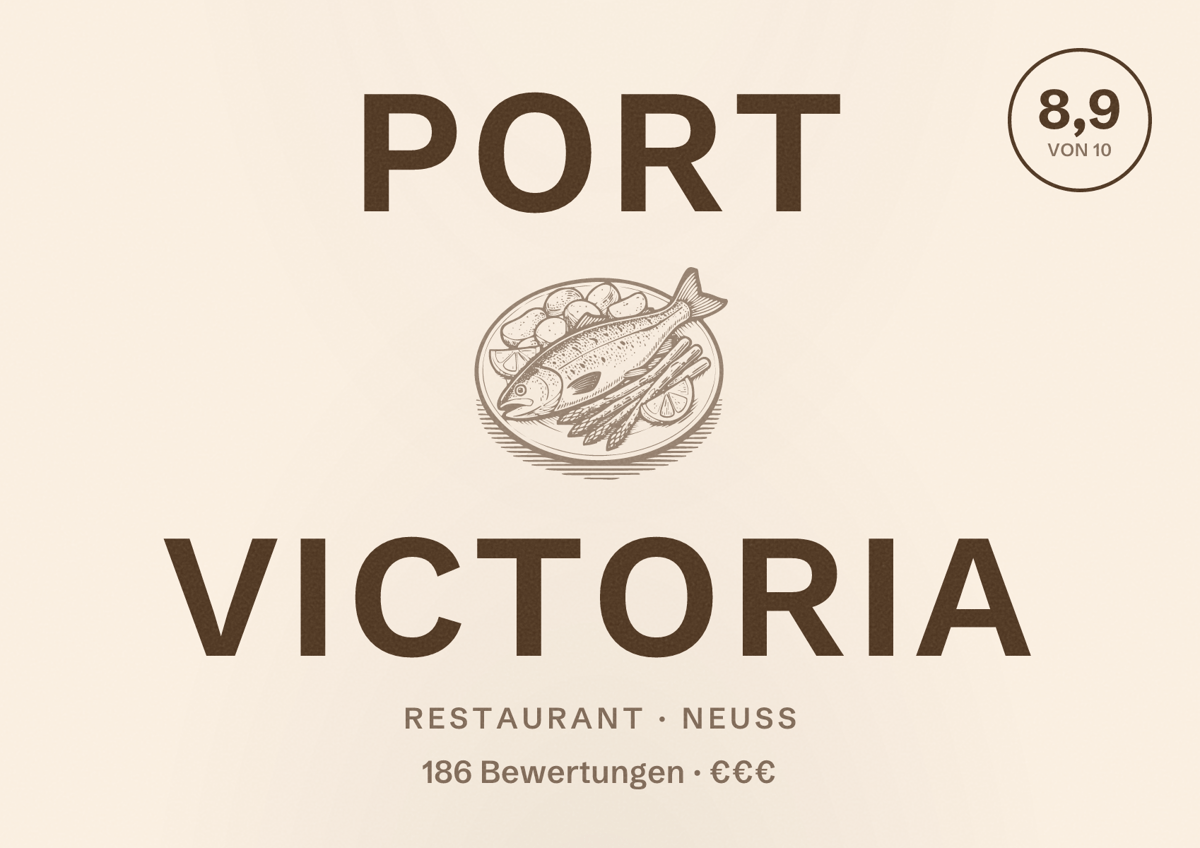 Illustriertes Poster von Port Victoria, Restaurant in Neuss: Bewertung 8,9 von 10 aus 186 Bewertungen, Preisniveau €€€