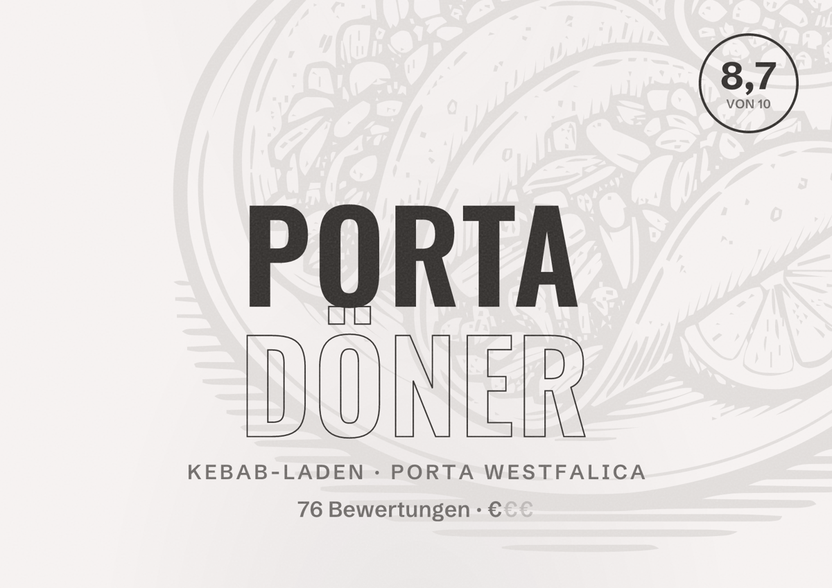 Illustriertes Poster von Porta Döner, Kebab-Laden in Porta Westfalica: Bewertung 8,7 von 10 aus 76 Bewertungen, Preisniveau €