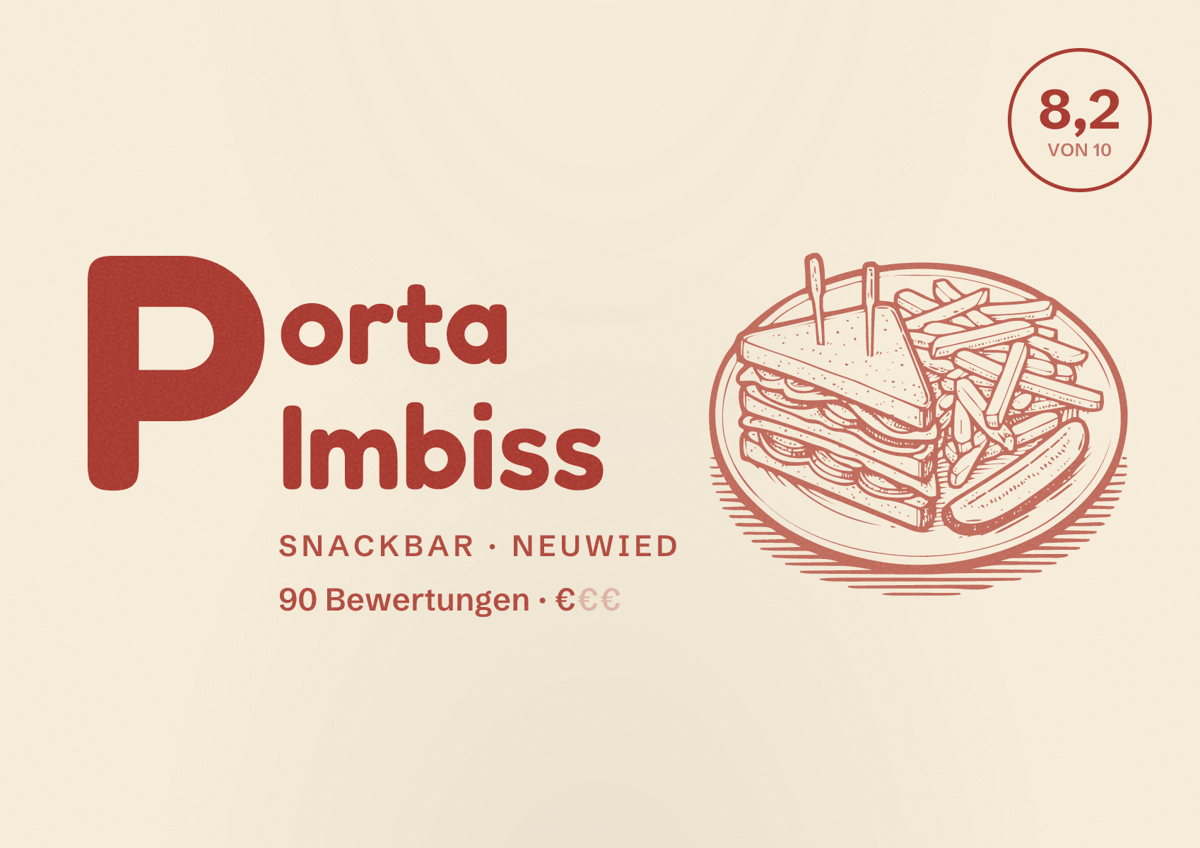 Illustriertes Poster von Porta Imbiss, Snackbar in Neuwied: Bewertung 8,2 von 10 aus 90 Bewertungen, Preisniveau €