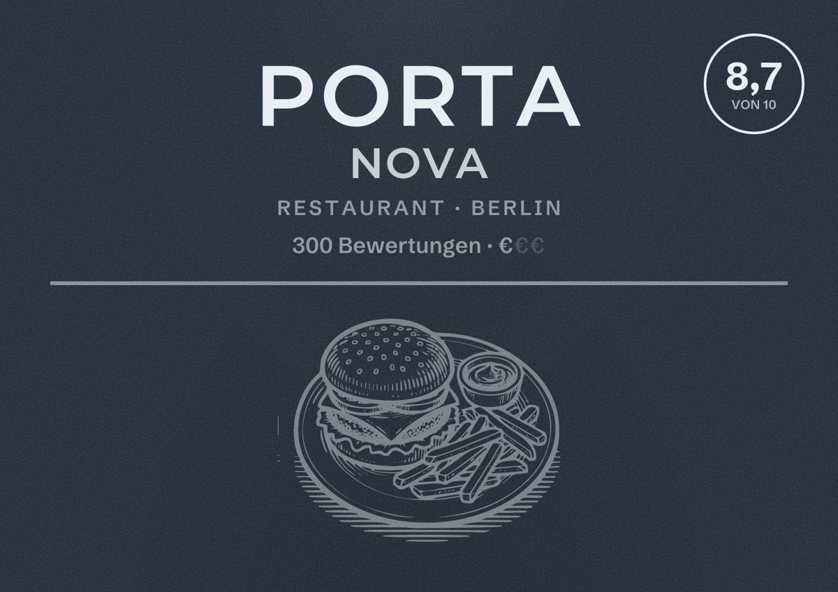Illustriertes Poster von Porta Nova, Restaurant in Berlin: Bewertung 8,7 von 10 aus 300 Bewertungen, Preisniveau €