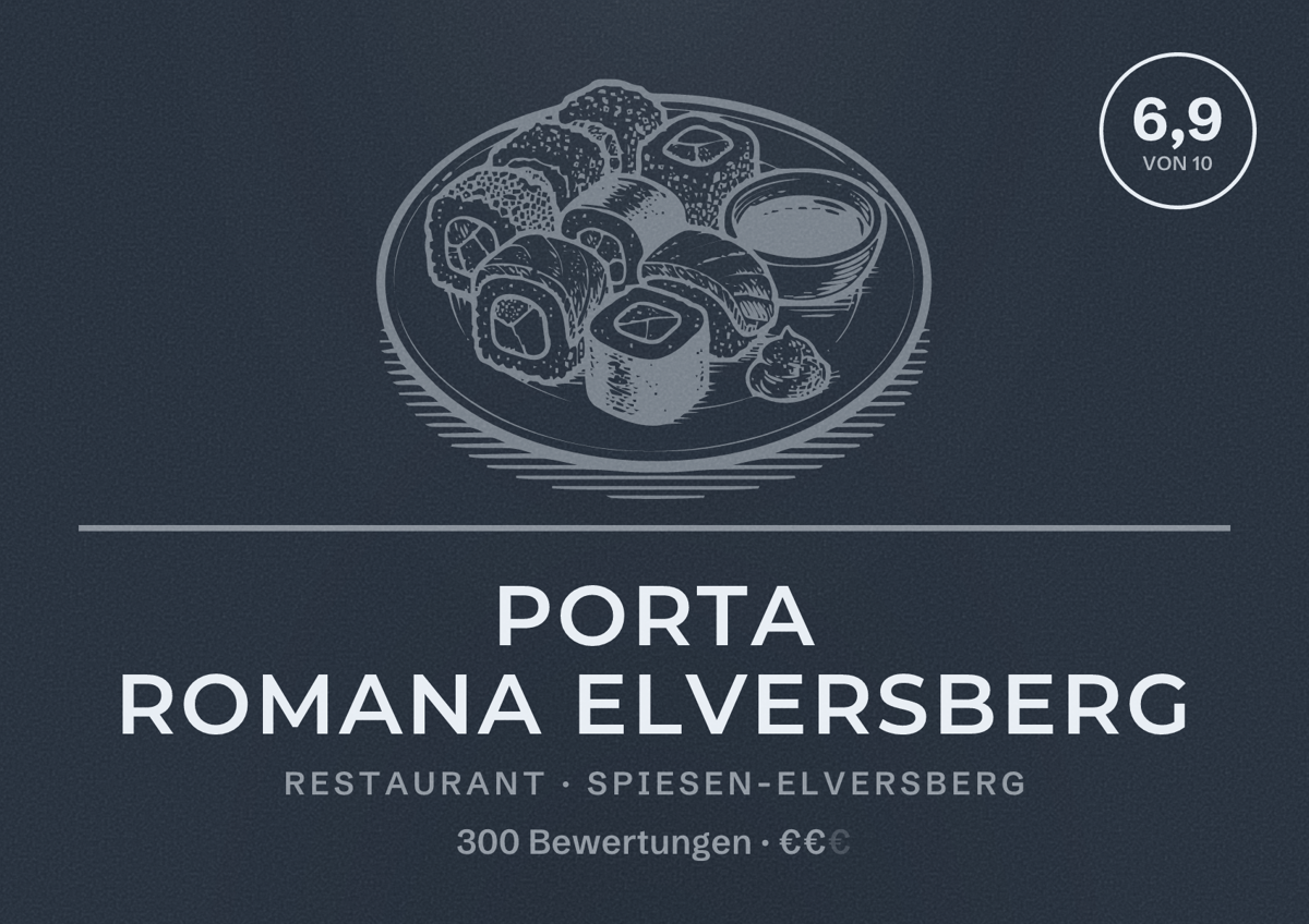 Illustriertes Poster von Porta Romana Elversberg, Restaurant in Spiesen-Elversberg: Bewertung 6,9 von 10 aus 300 Bewertungen, Preisniveau €€