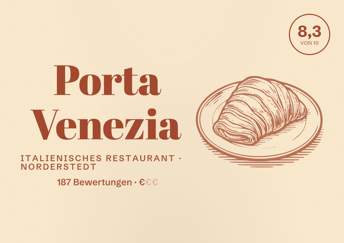 Illustriertes Poster von Porta Venezia, Italienisches Restaurant in Norderstedt: Bewertung 8,3 von 10 aus 187 Bewertungen, Preisniveau €