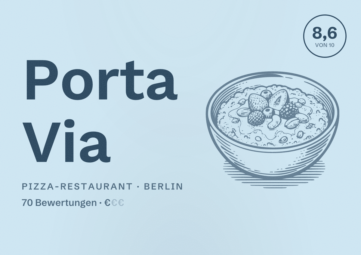 Illustriertes Poster von Porta Via, Pizza-Restaurant in Berlin: Bewertung 8,6 von 10 aus 70 Bewertungen, Preisniveau €