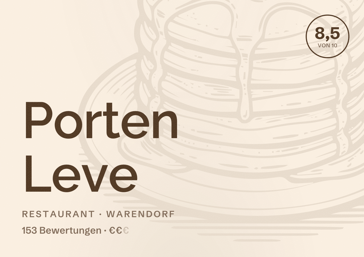 Illustriertes Poster von Porten Leve, Restaurant in Warendorf: Bewertung 8,5 von 10 aus 153 Bewertungen, Preisniveau €€