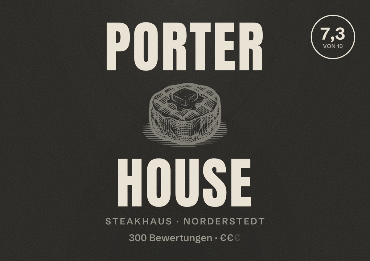 Illustriertes Poster von Porter House, Steakhaus in Norderstedt: Bewertung 7,3 von 10 aus 300 Bewertungen, Preisniveau €€