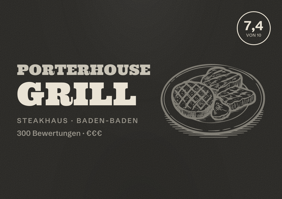 Illustriertes Poster von Porterhouse Grill, Steakhaus in Baden-Baden: Bewertung 7,4 von 10 aus 300 Bewertungen, Preisniveau €€€