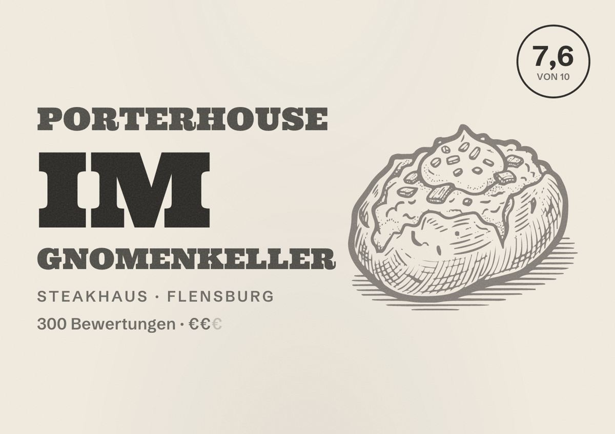 Illustriertes Poster von Porterhouse im Gnomenkeller, Steakhaus in Flensburg: Bewertung 7,6 von 10 aus 300 Bewertungen, Preisniveau €€