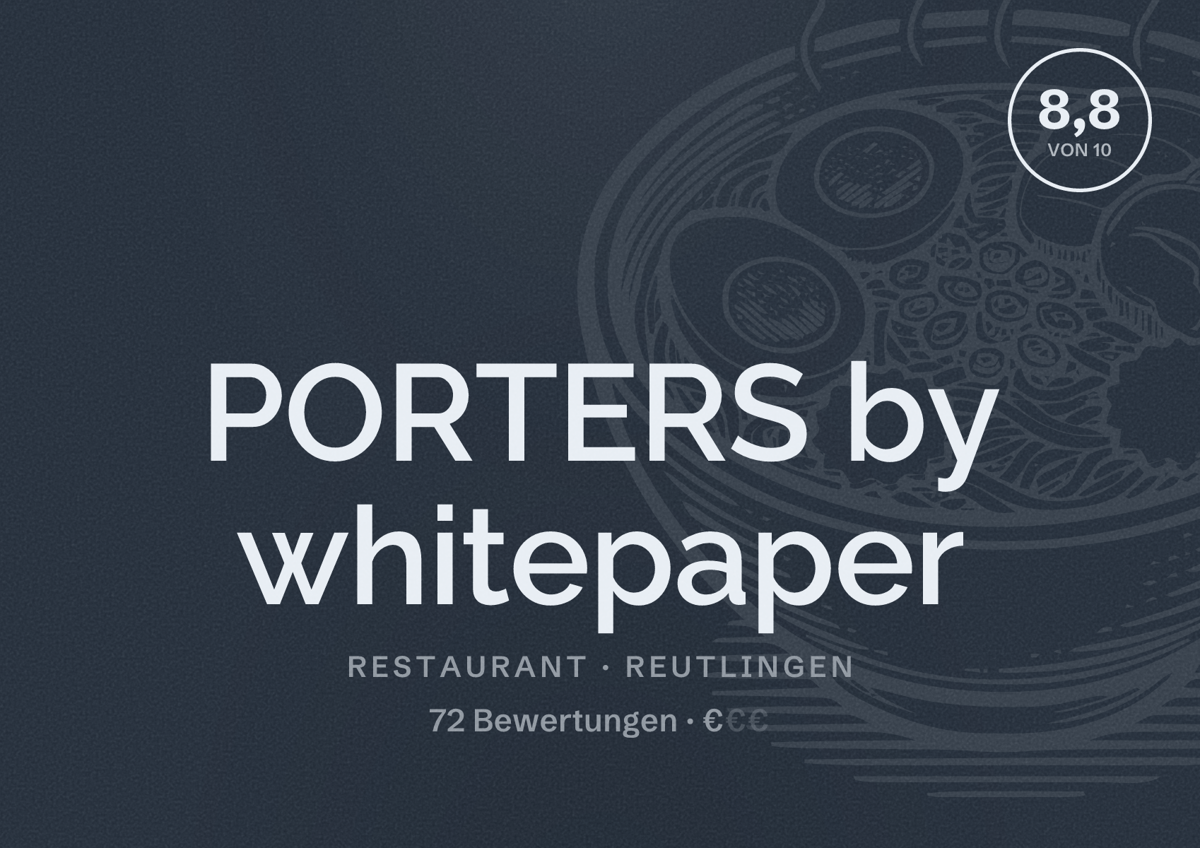 Illustriertes Poster von PORTERS by whitepaper, Restaurant in Reutlingen: Bewertung 8,8 von 10 aus 72 Bewertungen, Preisniveau €