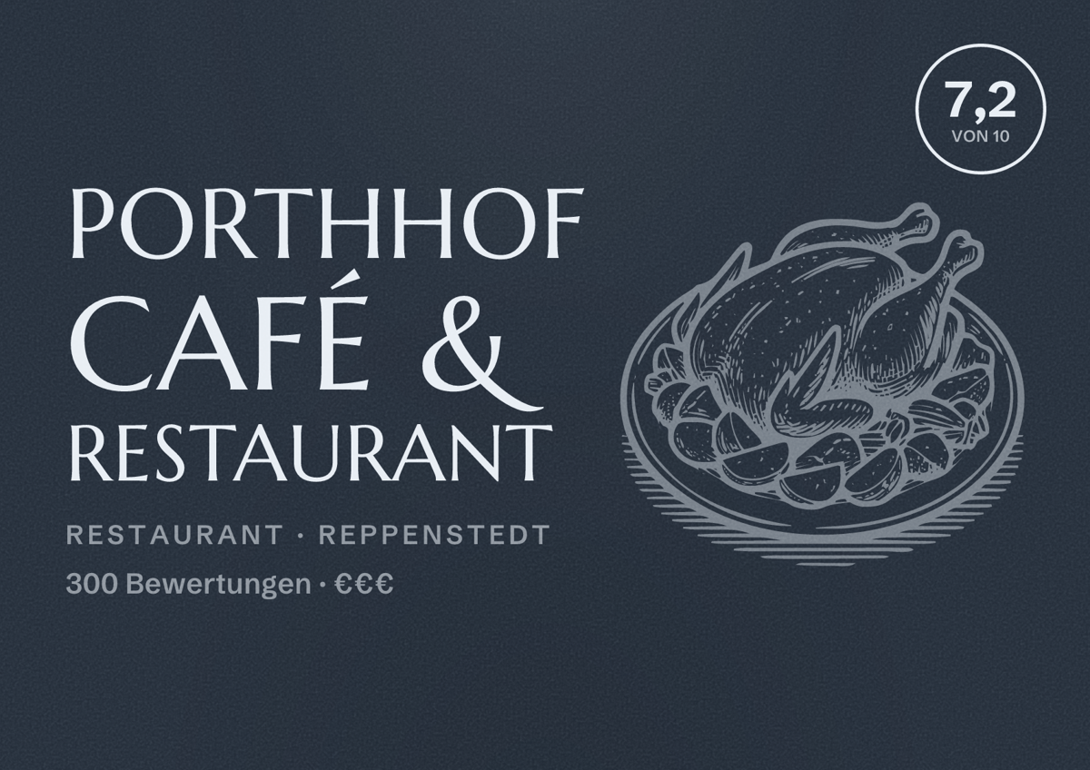 Illustriertes Poster von Porthhof Café & Restaurant, Restaurant in Reppenstedt: Bewertung 7,2 von 10 aus 300 Bewertungen, Preisniveau €€€